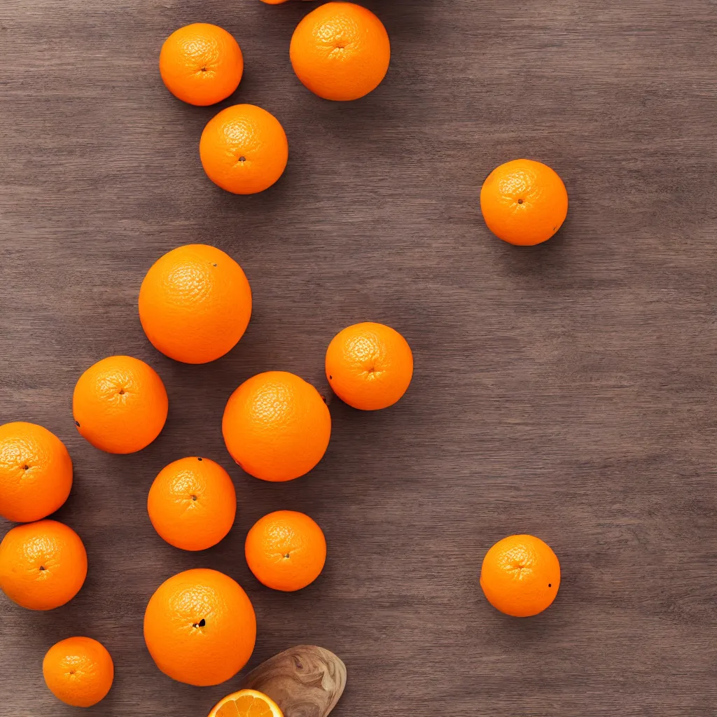 Prompt: top-down view with oranges on top of a wooden table, wallpaper, 4k, photorealistic