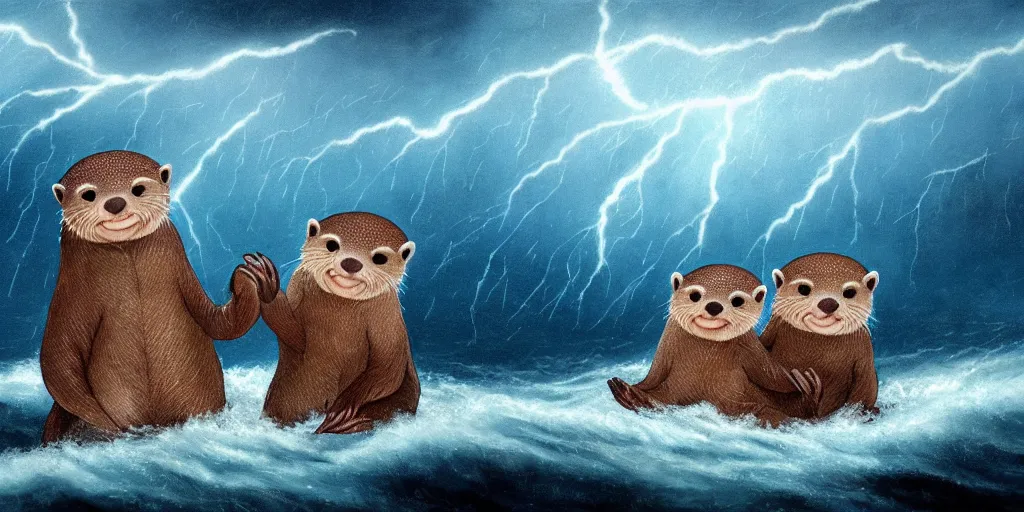 Prompt: A pair of adorable otters falling in love holding hands side by side All alone in a huge storm at sea, fantasy illustration, cinematic, dreamlike, Award winning, romance, detailed trending on art station masterpiece