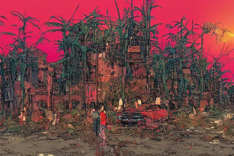 Image similar to on the street of abandoned town 2 people standing huddled together with spiny giant plants bursting through them, surreal, red sky, vivid colors, intricate design, painting by Laurie Greasley, part by Yoji Shinkawa, part by Norman Rockwell