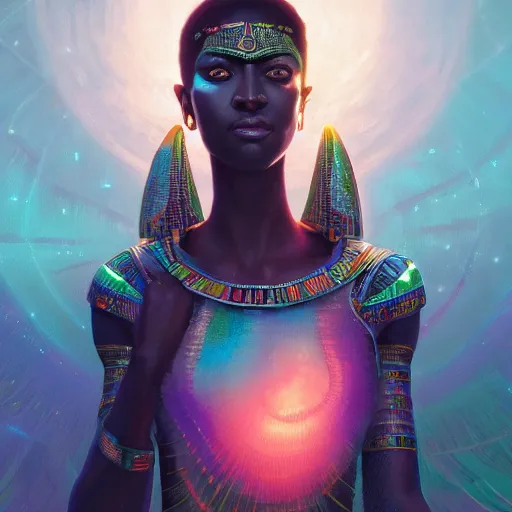 Image similar to highly detailed portrait of an african neon egyptian goddess, intricate alien technology, stephen bliss, unreal engine, fantasy art by greg rutkowski, loish, rhads, ferdinand knab, makoto shinkai and lois van baarle, ilya kuvshinov, rossdraws, tom bagshaw, global illumination, radiant light, detailed and intricate environment