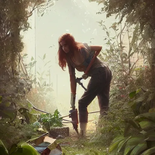 Prompt: girl is working in garden with pruning shears, artstation greg rutkowski, cinematic