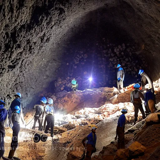 Image similar to photograph of workers mining for black opal in a large cavern, ethereal, shining rocks, award winning