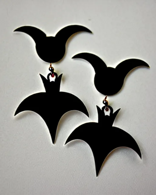 Image similar to spooky cartoon bat, 2 d lasercut earrings, in the style of tim burton