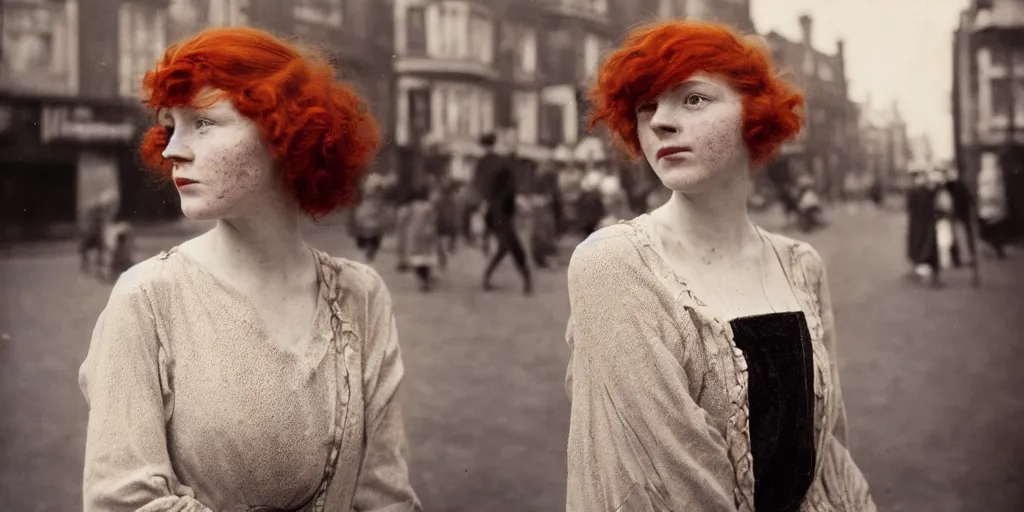 Image similar to dream a young red haired woman with freckles looks deeply into the camera, 1920's london street, 100, 50mm, art nouveau, f4.0, style of Joel Meyerowitz, gustav klimpt