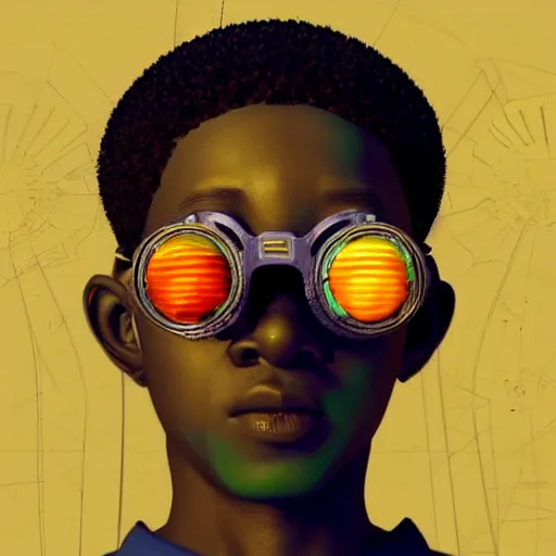 Prompt: colourful vfx upper half - portrait - art of a nigerian boy wearing steam punk goggles, art by utagawa kunisada & james jean, digital render, digital illustration, concept art, caricature, volumetric light, ray tracing, symmetrical, unreal engine, octane 3 d render, sharp, detailed, intricate detail, pinterest, behance, art station,