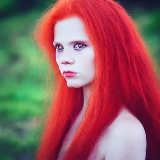 Image similar to portrait of a beautiful young witch. she has red hair. she looks sinister. symetric face. shallow focus. 5 0 mm lense. shot on film.