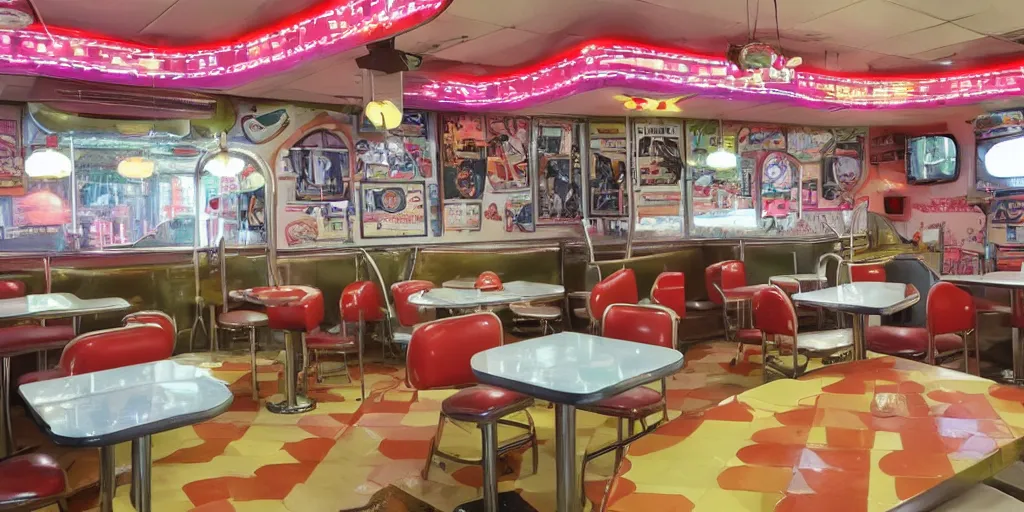 Image similar to a retro diner at the crossroads of the multiverse, celestially enchanted