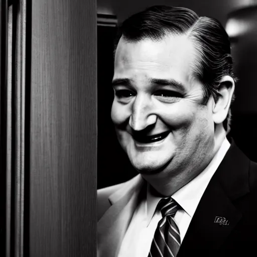 Image similar to Ted Cruz with a wide grin peaking through a door, black and white, creepy lighting, scary, horror, ornate, eerie, fear