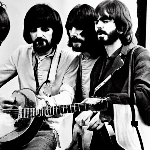 Image similar to charles manson playing guitar with the beatles, high quality photography, realistic, detailed, uncropped, realistic face,