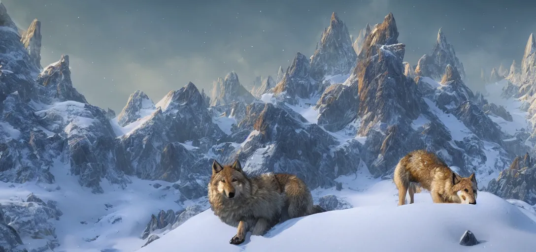 Image similar to Snow-capped mountains with golden temples on the peaks. wolves and their treasures, cgsociety, fantasy illustration, magic and power of the wolf. ArtStation, unreal engine 5