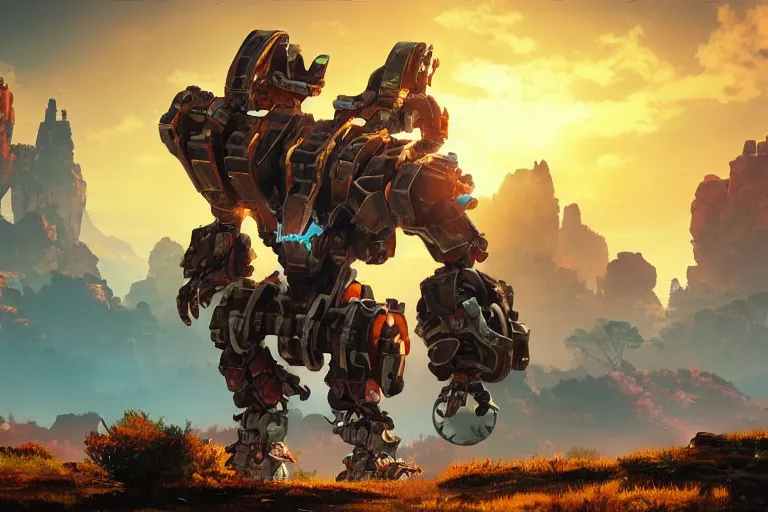 Image similar to rockbreaker machine mecanical creature robot of horizon forbidden west horizon zero dawn radiating a glowing aura global illumination ray tracing hdr fanart arstation by ian pesty and alena aenami artworks in 4 k