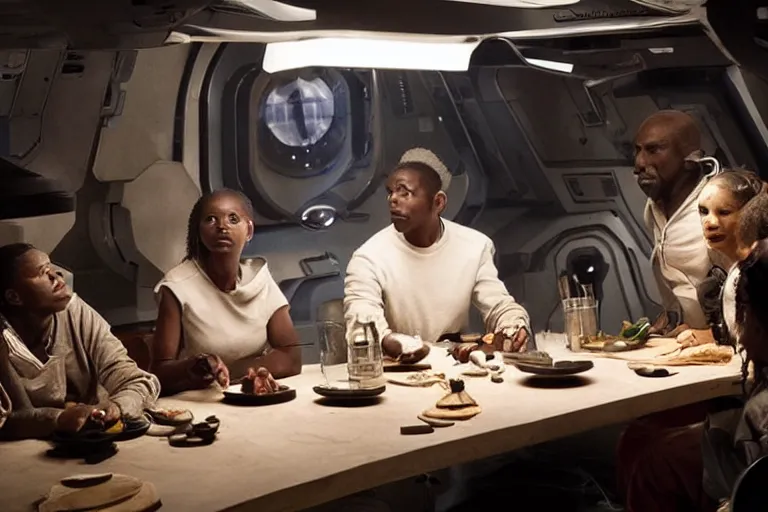 Image similar to movie diverse interracial small team of European sci-fi futuristic space explorers talking at the table in a spaceship kitchen, beautiful skin, Symmetrical faces. Beautiful lighting by Emmanuel Lubezki