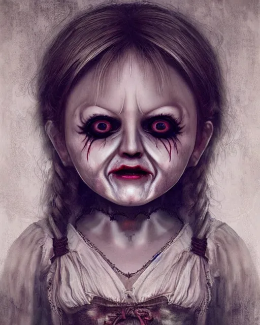 Prompt: annabelle doll, hyper realistic face, horror, fantasy art, in the style of greg rutkowski, intricate, hyper detailed