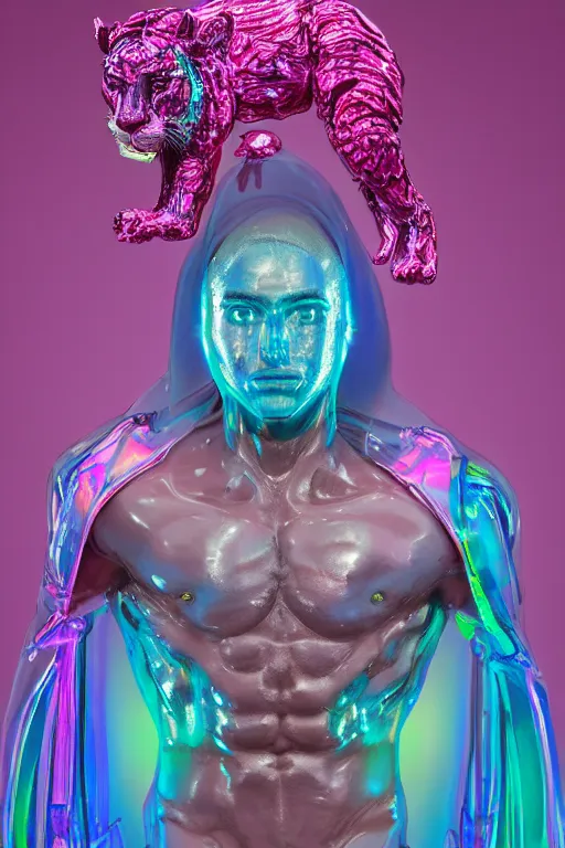 Image similar to hyper detailed ultra sharp fullbody photo of baroque and cyberpunk transparent pink ceramic sculpture of a muscular seductive muscular italian guido feeling muy cachondo, muy dotado, iridescent humanoid deity wearing pink plastic seethrough cloak, holding a rainbow tiger gem, blue diamond, glowing pink face, crown of white diamonds, cinematic lighting, photorealistic, octane render 8 k