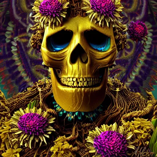 Prompt: a golden skull face african electric shaman with an afro made of flowers, third eye art art by machina infinitum, complexity from simplicity, rendered in octane, mandelbulb 3 d, ambient occlusion, macro photography, tribal, retrowave