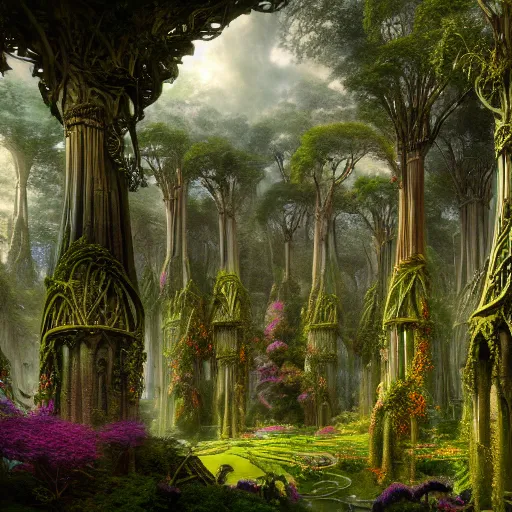 Image similar to a beautiful and highly detailed matte painting of a beautiful elven palace in a magical fantasy forest, psychedelic trees and plants and flowers, celtic vegetation, epic scale, insanely complex, hyperdetailed, sharp focus, hyperrealism, artstation, cgsociety, 8 k, bright colors, by caspar friedrich, albert bierstadt, james gurney, brian froud,