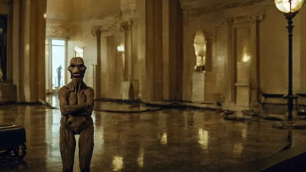 Image similar to the strange creature in city hall, made of wax and water, film still from the movie directed by Denis Villeneuve with art direction by Salvador Dalí, wide lens