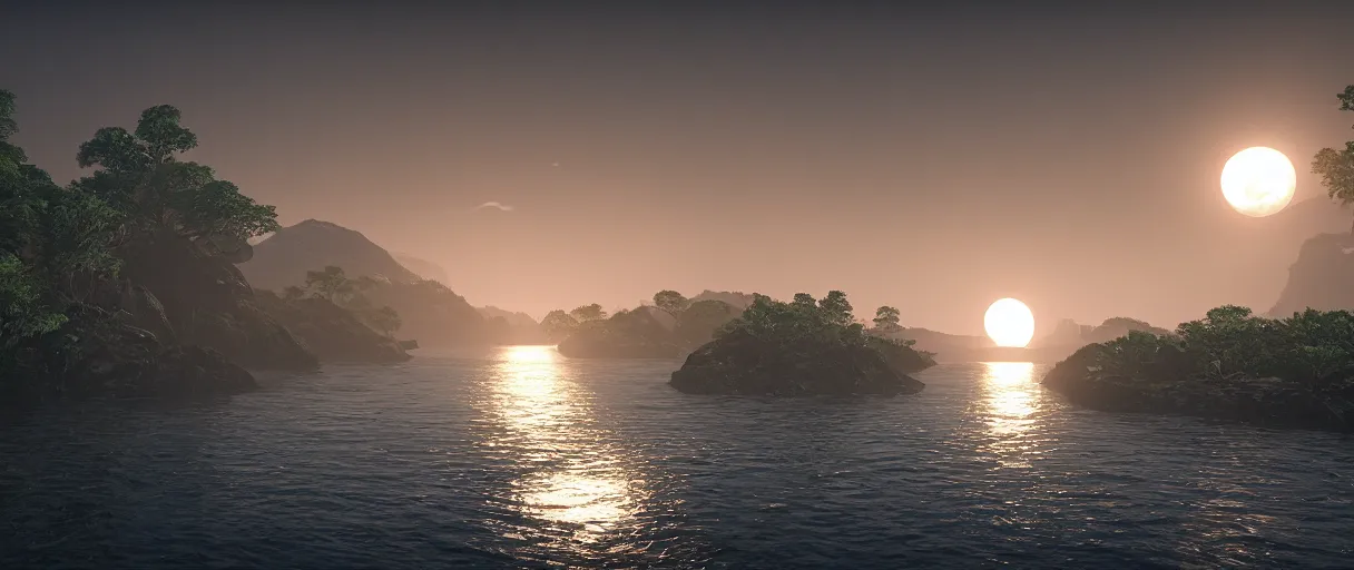 Prompt: The moonlight shines on the wide river, Ghost of Tsushima, finely rendered, Unreal Engine 5, realistic