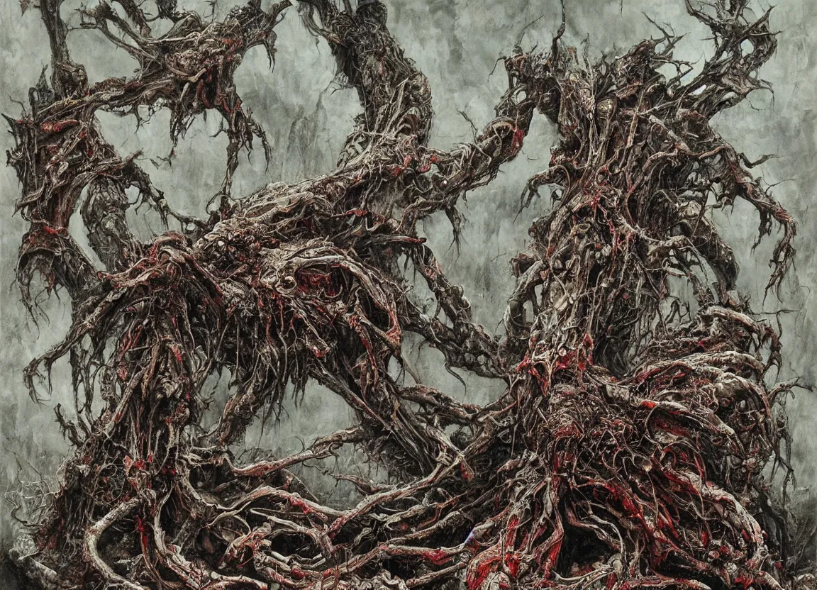 Image similar to Giant fanged limb monster walks in the road of the ruined city. Drops of blood and meat with veins on the road. Dark colors, high detail, hyperrealism, horror art, intricate details, masterpiece, biopunk, body-horror, art by Ayami Kojima, Beksinski, Giger