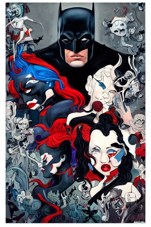 Image similar to a painting by James Jean about Batman and Harley Quinn, cover art, elegant