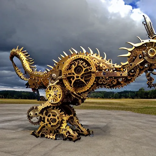 Prompt: colossal metal dragon made of clockwork and gears, flying through the clouds