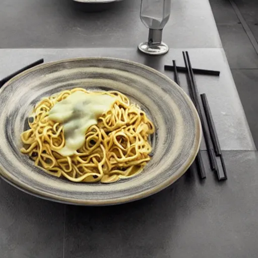 Image similar to noodles with cheese sauce cooked by HR Giger