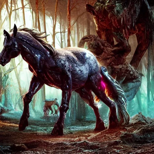 Prompt: the horror in the woods, prehistoric hell pigs, Cold as ice! 🧊, cinematic, hyper realism, high detail, octane render, unreal engine, 8k, vibrant color!, Corpse Bridegroom of the Spring, the gleaming guardian of the meadow!!!, A synthwave horse inspired by Tron!, by dom qwek and andrea chiampo