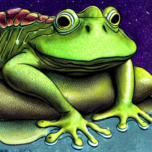 Image similar to fantasy illustration of giant mutant frogs