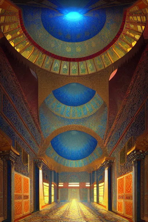 Image similar to detailed paiting of the interior of the Topkapi Palace in Ottoman Empire, cinema4d sparkling volumetric masterpiece by Ross Tran, WLOP, ArtGerm & Anton Fandeev, stunning shaded lighting effects