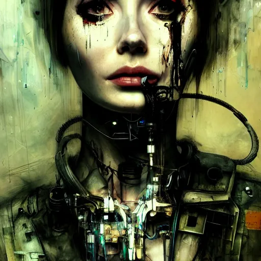 Image similar to karen gillan as a cybernetic hunter, cyberpunk, wires, skulls, machines by emil melmoth zdzislaw belsinki craig mullins yoji shinkawa realistic render ominous detailed photo atmospheric by jeremy mann and agnes cecile ink drips paint smears digital glitches glitchart