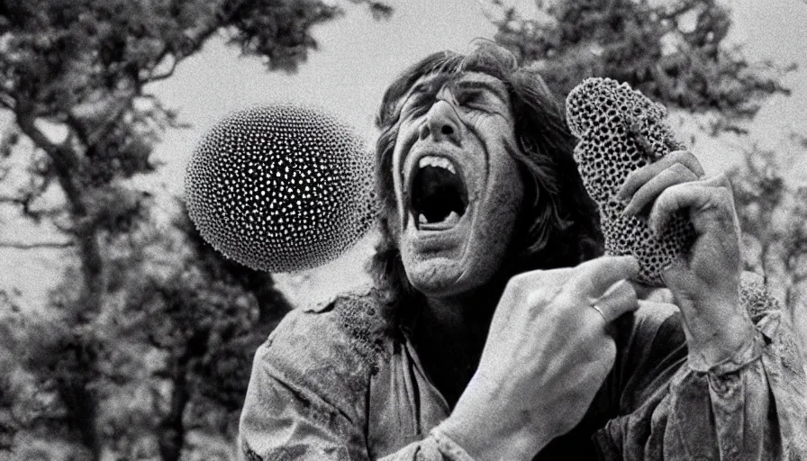 Image similar to 70s movie still of a man yelling with trypophobia flesh, eastmancolor, heavy grain, high quality, higly detailed, liminal space