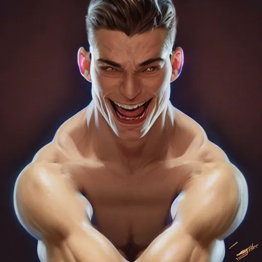 Image similar to character concept, portrait, symmetrical head - on centralized, laughing young man with strong body. detailed, high quality, dynamic lightning, fantasy, scenematic. artwork by artgerm, wlop, alex ross, greg rutknowski, alphonse mucha