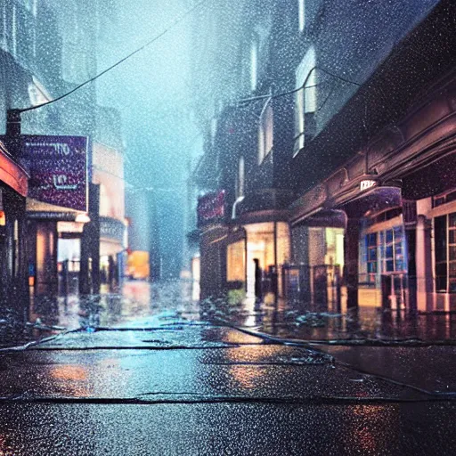 Prompt: realistic photograph of walking around clean street, volumetric lighting, rain, summer, dark overcast weather, high detailed.