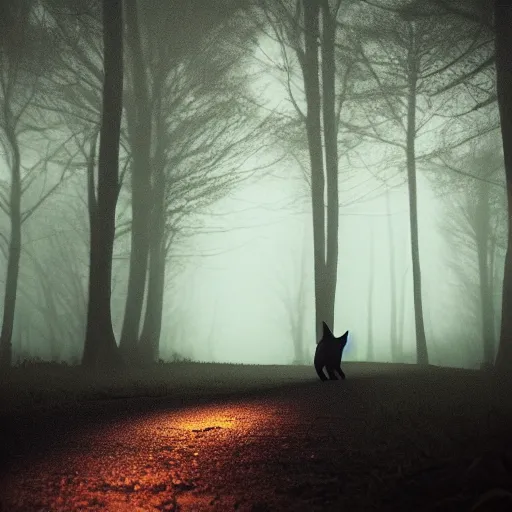 Image similar to a cat walks alone through the woods at night, gloomy, dark, foggy, night, ominous, dark color, atmospheric, cinematic lighting, intricate detail?