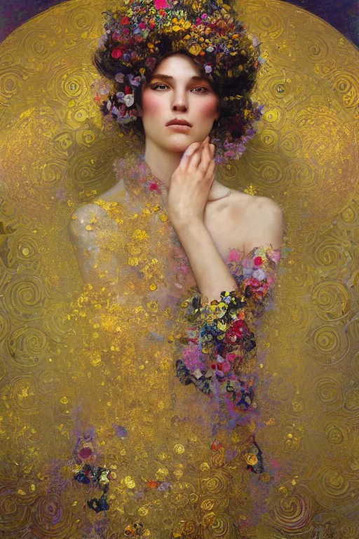 Image similar to an intricate painting of a beautiful young lady surrounded by flowing flower petals covered in silk clothes with klimt golden motives and textures, hyper detailed, ornamental gold headpiece, octane render, vivid colors, artstation, by jeremy mann, by alphonse mucha, by boris vallejo
