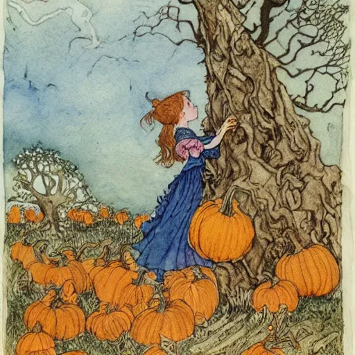 Image similar to a detailed, intricate watercolor and ink illustration with fine lines, of a young girl in a dress climbing a gnarled tree in a pumpkin patch, by arthur rackham and edmund dulac