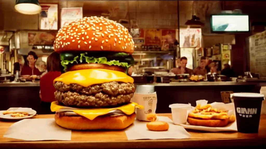 Image similar to the giant cheeseburger at the fast food place, film still from the movie directed by denis villeneuve and david cronenberg with art direction by salvador dali, wide lens