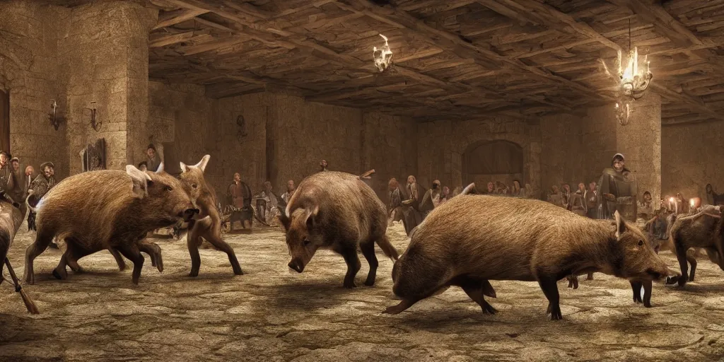 Prompt: Wild boars in masonic lodge during a medieval battle in Portlligat, telltale style, realistic 4k octane beautifully detailed render, 4k post-processing, highly detailed, intricate complexity, epic composition, magical atmosphere, cinematic lighting, masterpiece, ultra hd