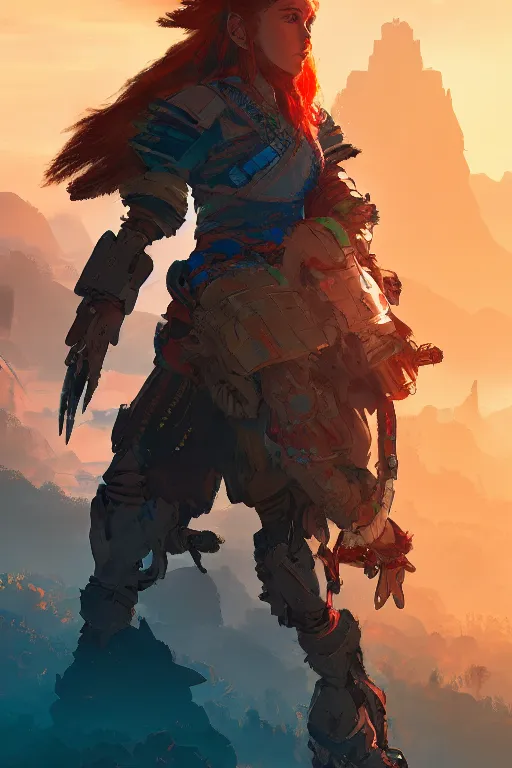 Image similar to combination suit armor aloy horizon forbidden west horizon zero dawn radiating a glowing aura global illumination ray tracing hdr fanart arstation by ian pesty and alena aenami artworks in 4 k tribal robot ninja mask helmet backpack