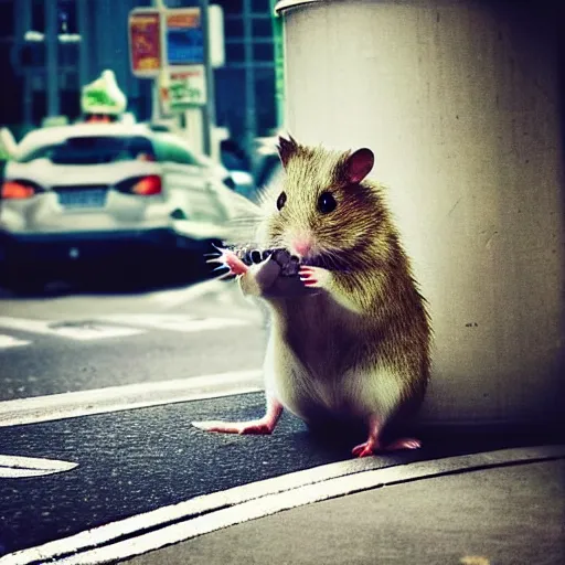 Image similar to “ hamster dressed as a homeless person sitting at an intersection with arms stretched out holding a tin can ”