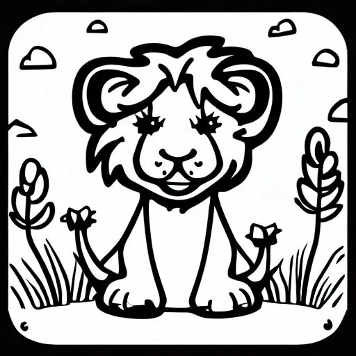 Image similar to cute cheerful lion with his two ears and his trunk in a meadow, colouring - in sheet, concept design, character art, sharp focus, highly detailed, artstation