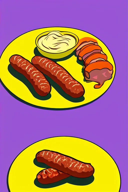 Image similar to nugget and sausage on plate, pop art, by mike swiderek, jorge lacera, ben lo, tyler west, ultrarealistic, sharp focus, rendered by unreal engine 3