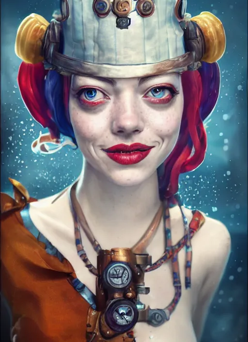 Image similar to underwater steampunk portrait of emma stone as harley quinn, hyper detailed, digital art, cinematic lighting, studio quality, smooth render, octane rendered, art style by klimt and nixeu and ian sprigger and krenz cushart.