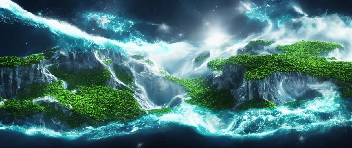 Image similar to islands floating in space with waterfalls flowing off the island, floating in space, in style of world's edge by kvacm trending on deviant art, digital art, detailed, depth of field, reflections, 4 k resolution