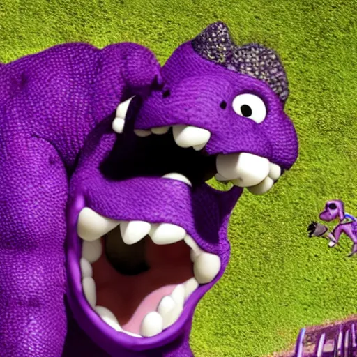 Prompt: Barney the purple dinosaur poisoning the well