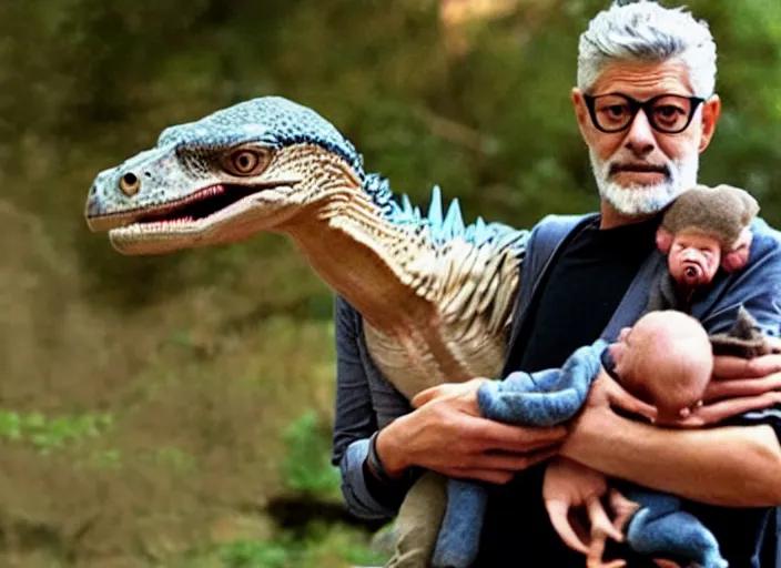 Prompt: jeff golblum holding a baby velociraptor in his arms, ultra realistic, cinematic