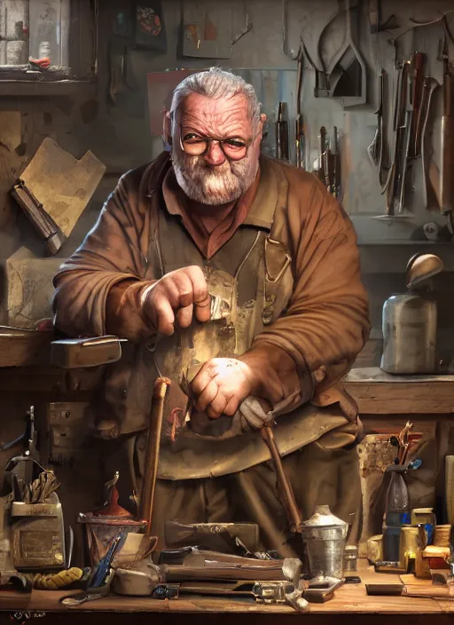 Image similar to An epic fantasy comic book style portrait painting of a an old tinker fat man working on a device in her workshop, unreal 5, DAZ, hyperrealistic, octane render, cosplay, RPG portrait, dynamic lighting