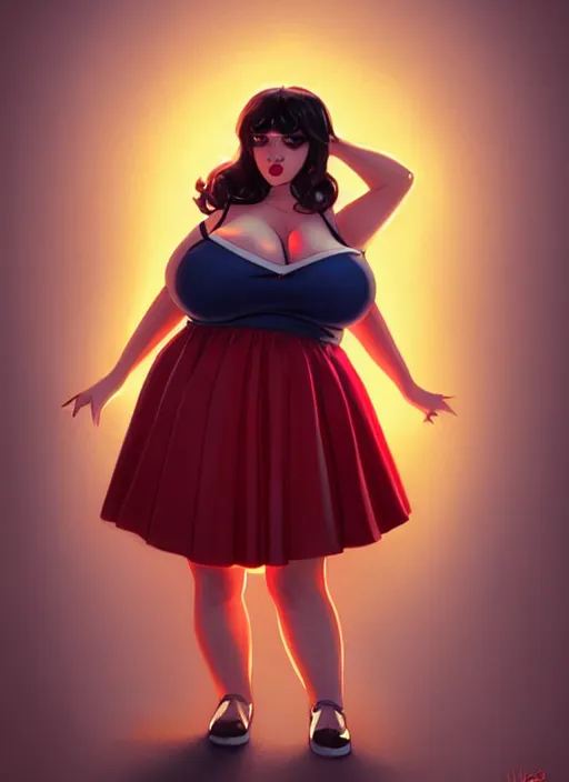 Image similar to full body portrait of teenage veronica lodge, obese, bangs, sultry, realistic, sultry smirk, wavy hair, red skirt, fat, belly, intricate, elegant, glowing lights, highly detailed, digital painting, artstation, concept art, smooth, sharp focus, illustration, art by wlop, mars ravelo and greg rutkowski