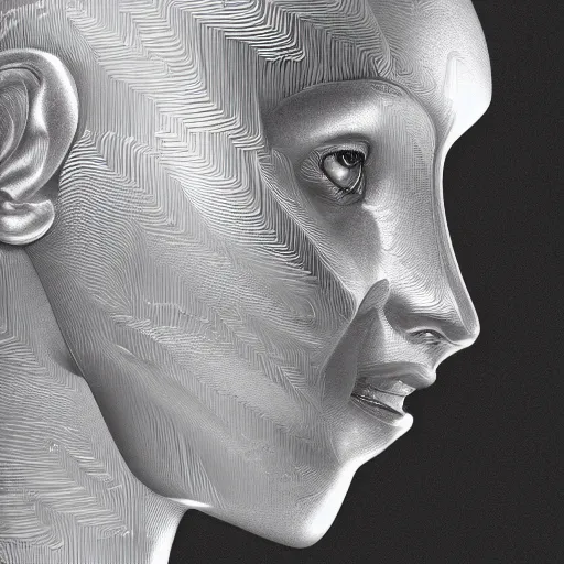 Prompt: a photorealistic digital art drawing of a grey humanoid metallic robot with human features, dimples and a strong jawline staring at its own reflection in a mirror high resolution detailed organic lifelike color image muted tones defined edges clear mirror and reflection