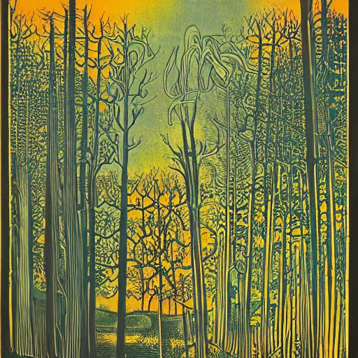 Image similar to a foggy golden forest, colored woodcut, poster art, by Mackintosh, art noveau, by Ernst Haeckel, bright pastel colors